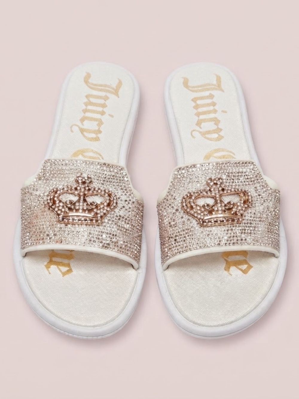 Juicy Couture White Slide Sandals with Gold Crystal Crown